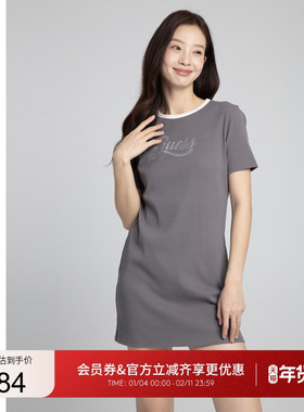 GUESS 女士撞色简约百搭圆领印花连衣裙-W4PK1UK2Q40