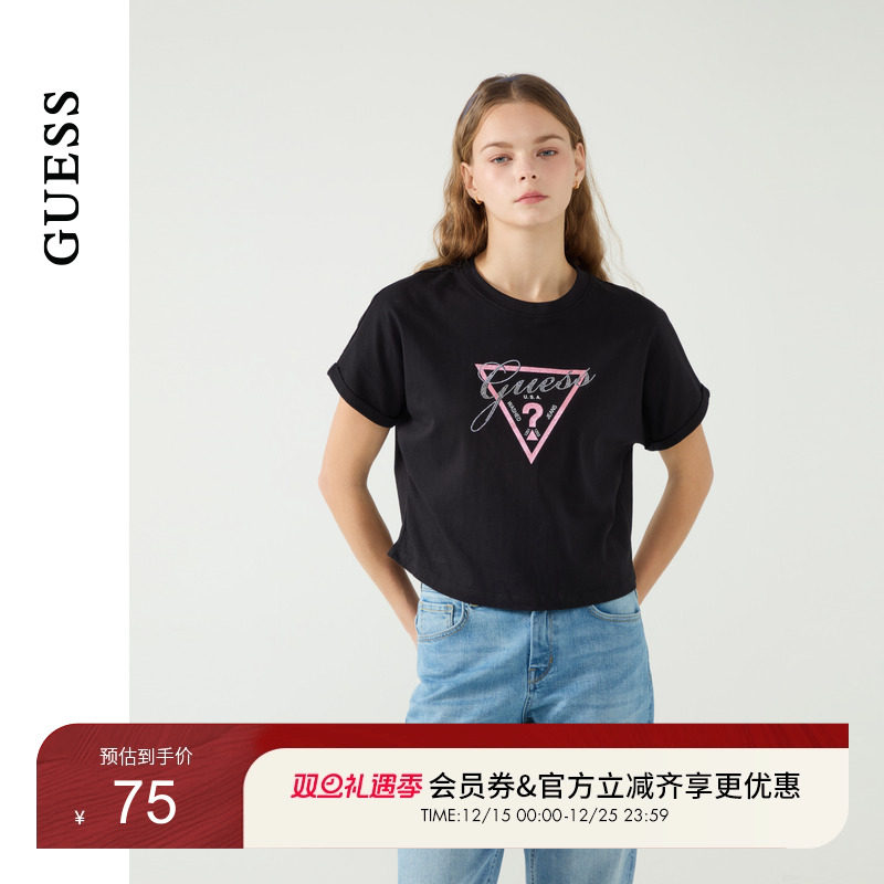 GUESS女士闪亮倒三角烫钻logo短袖T恤-W5PP81K2Q40