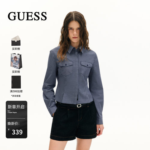 GUESS女士新款经典细格纹收腰修身短款夹克日常休闲翻领衬衫外套