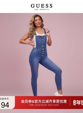 GUESS新夏女士美式复古休闲显瘦水洗磨白牛仔连体裤-Q1PA14R3N00