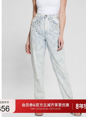 GUESS女士手工钉水钻款浅色水洗牛仔裤-W4GA21D5B62