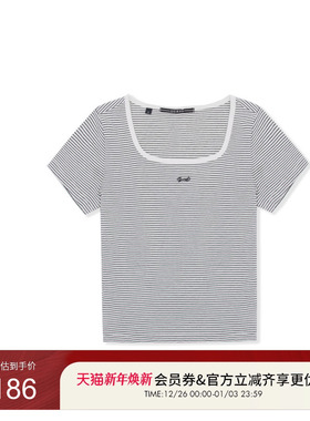 GUESS女士方领条纹百搭显瘦通勤T恤短袖-OP2K5414
