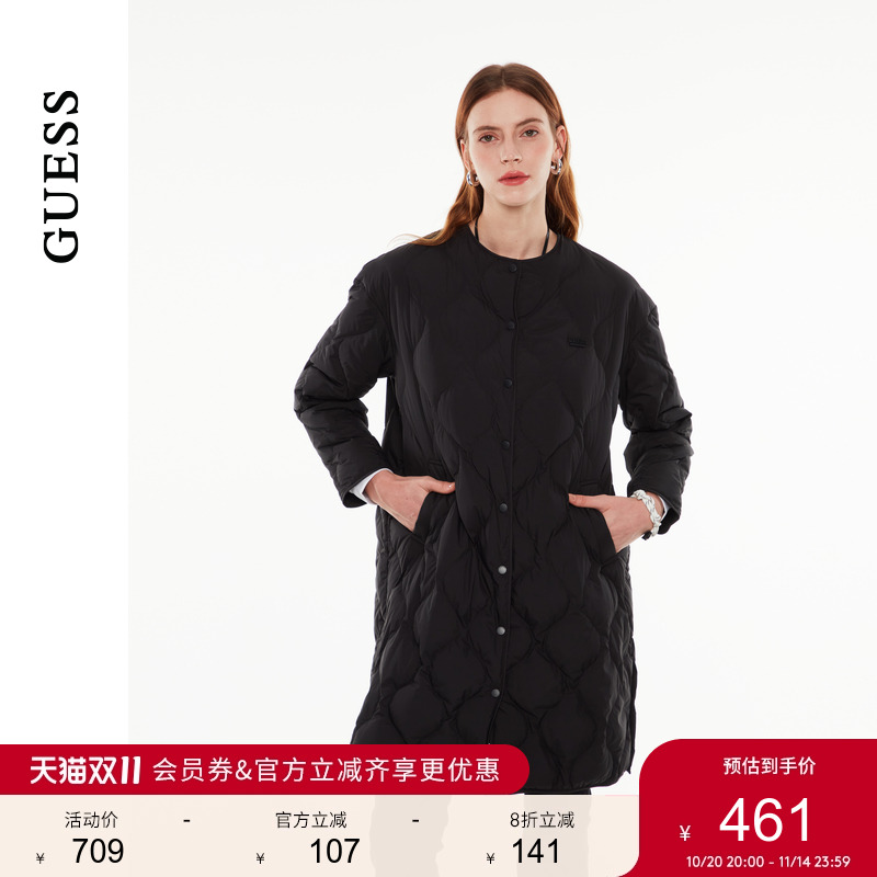 GUESS百搭纯色绗缝中长款羽绒服