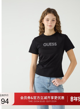 GUESS女士烫珠抽褶设计印花圆领短袖T恤-Q5PP16K2Q40