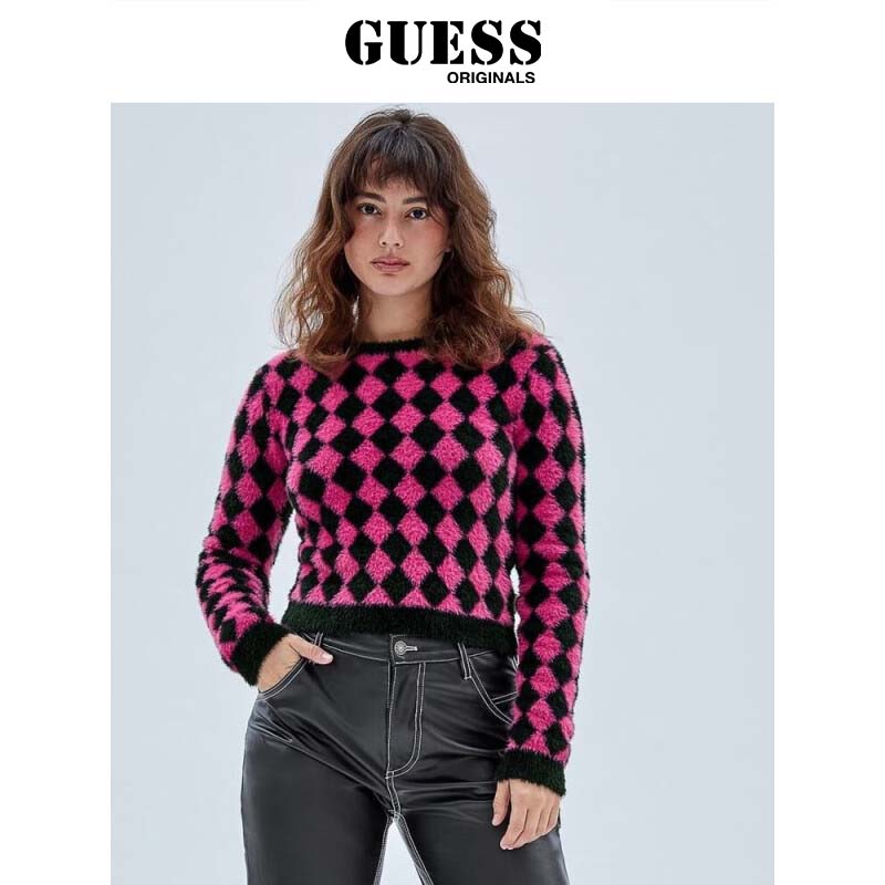 GUESS彩色格纹圆领针织毛衣