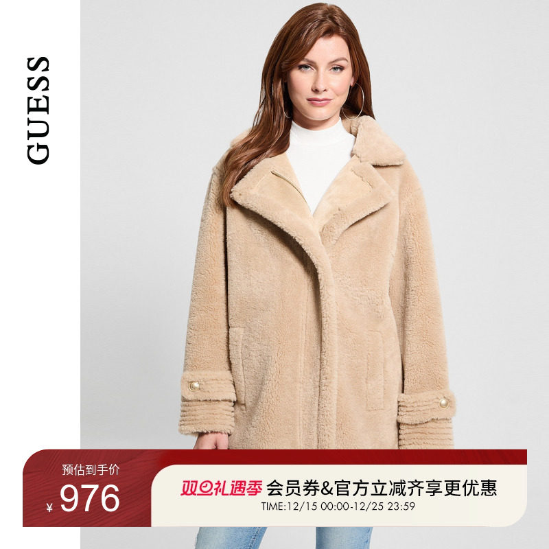 GUESS翻领羊羔绒毛绒外套