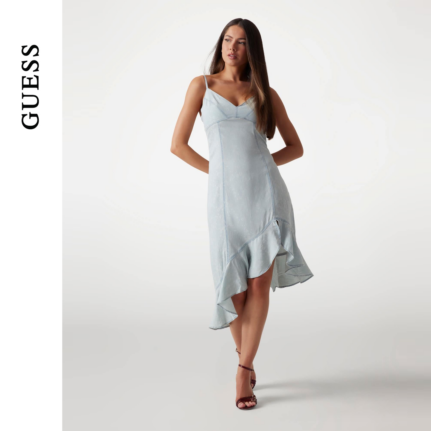 GUESS女士波浪边不对称修身收腰吊带裙-W5GK44D5N81