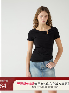 GUESS女士金属开口显瘦纯欲抽褶正肩T恤-W5PP79K2Q40