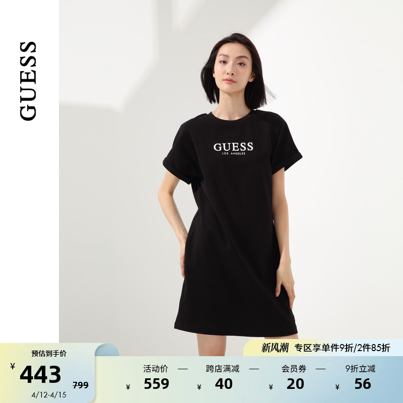 GUESS24年新款夏季女士简约百搭卷袖logo针织连衣裙-Q4PK38K2Q40