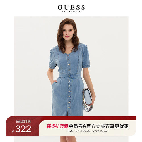Guess牛仔连衣裙泡泡袖V领裙子
