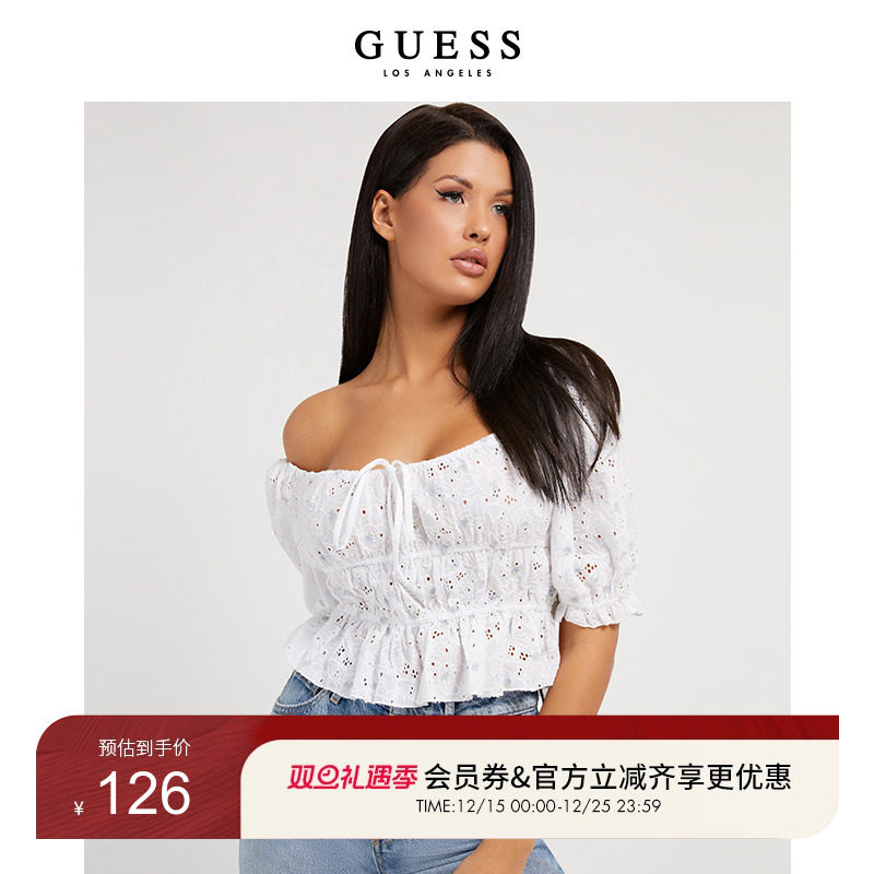 GUESS镂空刺绣收腰泡泡袖衬衫
