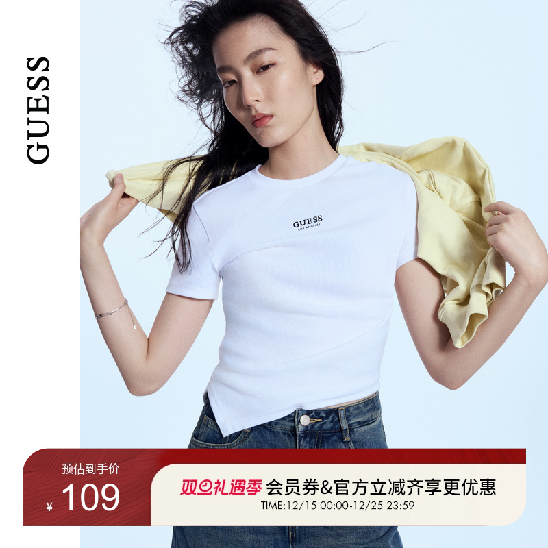 GUESS女士小心机侧面收腰短款短袖T恤-Q4PI34K2Q40