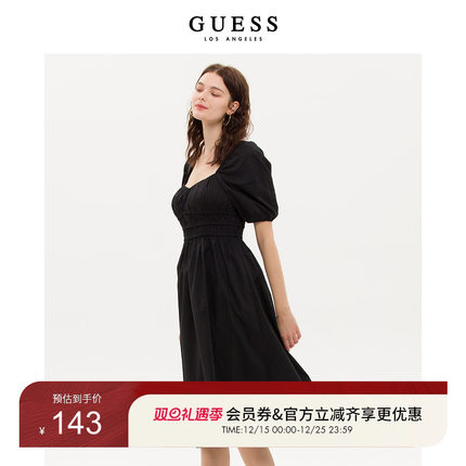 GUESS  女新中式大方领泡泡袖收腰连衣裙小黑裙-W3PK1XW55R0