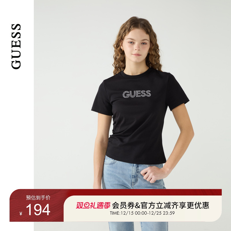 GUESS抽褶设计印花圆领短袖T恤