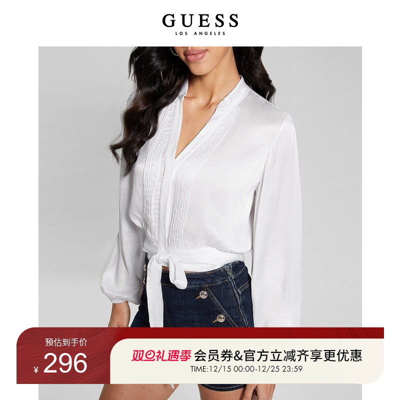 GUESS正肩甜辣风纯白系带衬衫