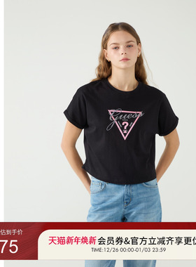 GUESS女士闪亮倒三角烫钻logo短袖T恤-W5PP81K2Q40