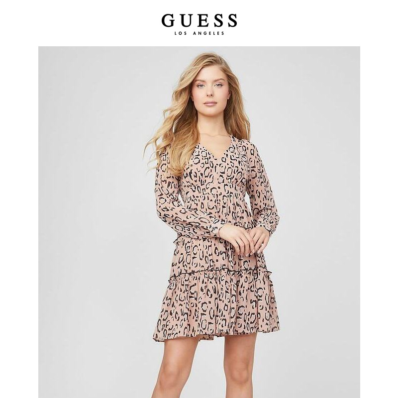 Guess新夏女印花V领长袖连衣裙