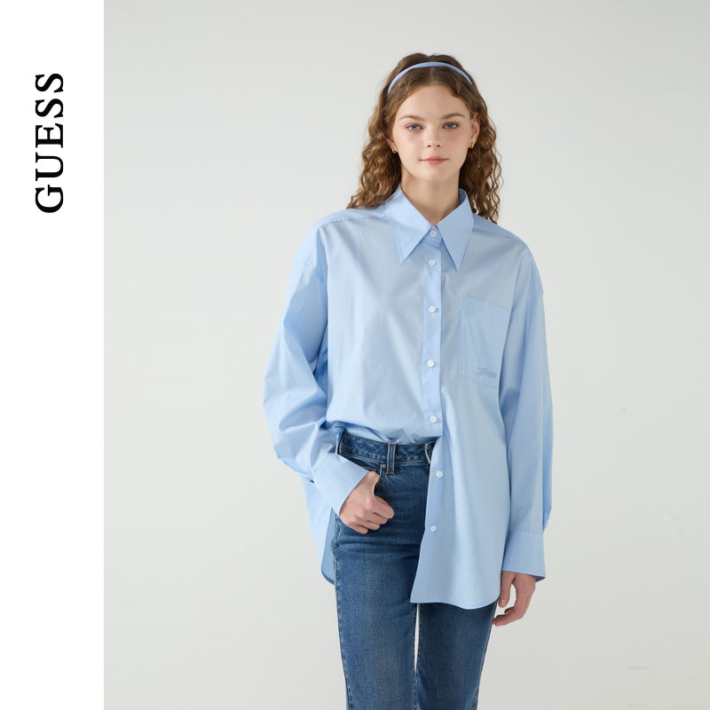 GUESS25年新款春季女士简约纯色打底翻领长袖衬衫-W5PH1PW55R0