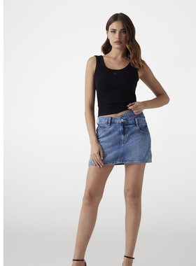 GUESS25年新款早秋女士浅蓝不规则高腰A字牛仔半身裙-W5YD1CD5QKB