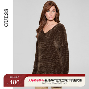 GUESS女士巧克力棕深V领宽松毛针织衫 W4BR72Z3HH2