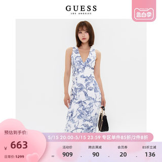 GUESS 女士V领无袖气质印花包臀显瘦吊带连衣裙-W3GK0AWF5W3