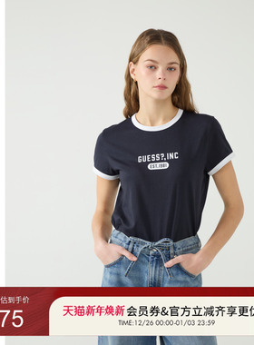 GUESS女士纯棉圆领撞色罗纹修身短袖T恤-W5PP89K2Q40