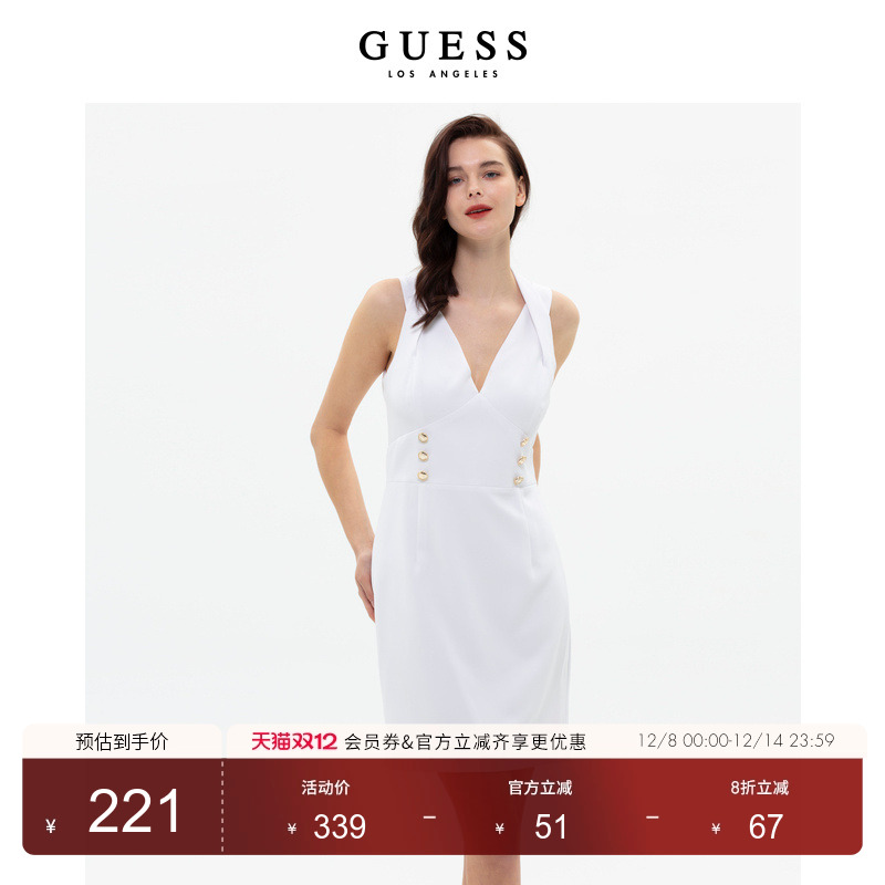 Guess露背挂脖V领修身连衣裙