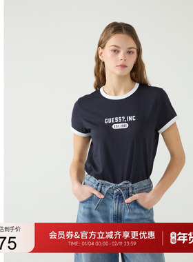 GUESS女士纯棉圆领撞色罗纹修身短袖T恤-W5PP89K2Q40