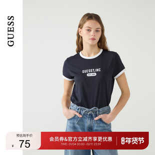 GUESS女士纯棉圆领撞色罗纹修身短袖T恤-W5PP89K2Q40