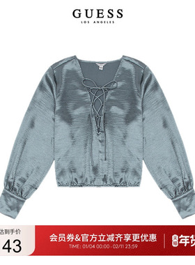 GUESS夏新款女士系带长袖衬衫甜美衬衣别致复古上衣-W2RH16WECV0