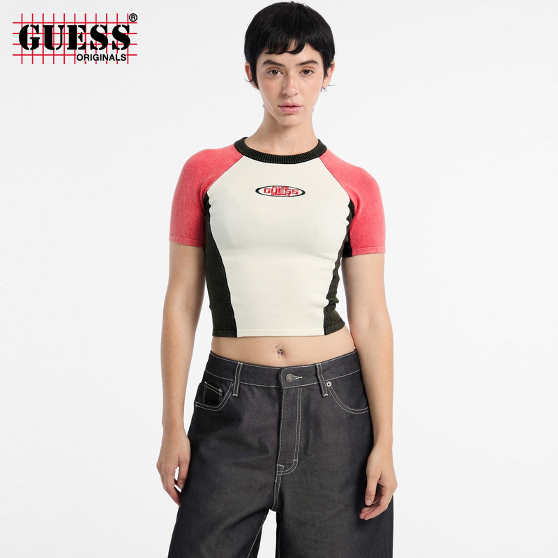 GUESSOriginals 25年新款早秋女士撞色复古短款T恤-W5YR44Z2YJ2