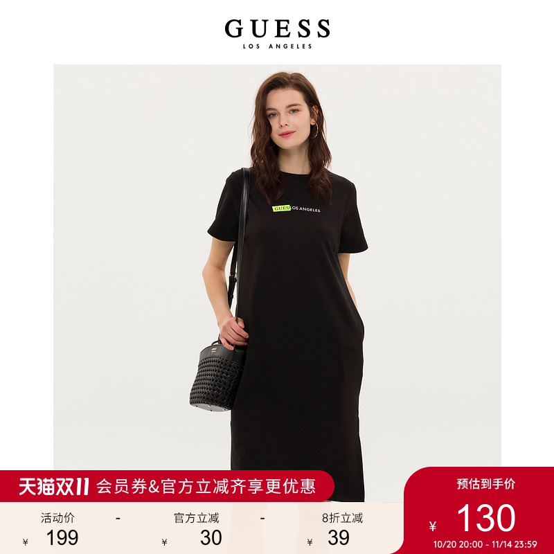 GUESS绣花logo短袖T恤连衣长裙
