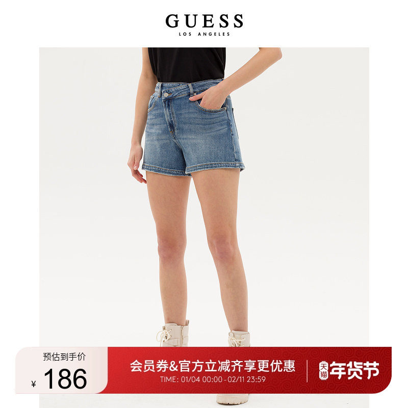 GUESS女士斜门襟高腰复古水洗蓝A字牛仔短裤-Q3PD41D51V0,女装/女士精品,牛仔裤,淘宝优惠券,粉丝福利购,淘宝优惠卷