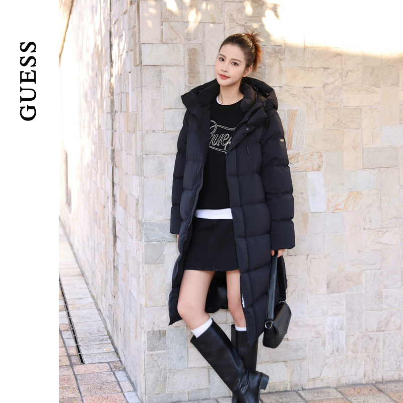 GUESS立领长款连帽羽绒服