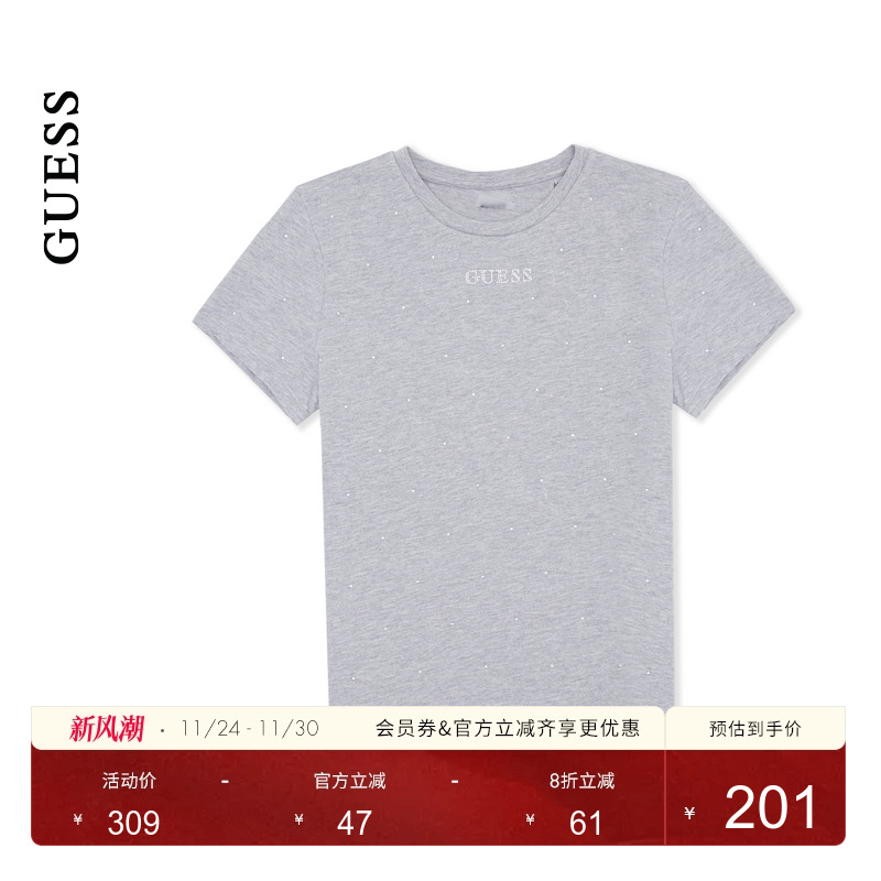 GUESS纯色圆领直筒短袖T恤