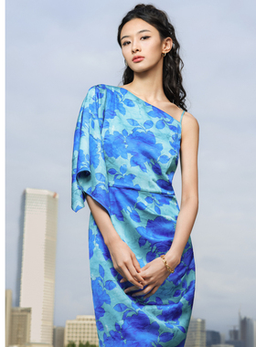 GUESS 女士欧美风度假印花不对称连衣裙-W4GK79WF1T2