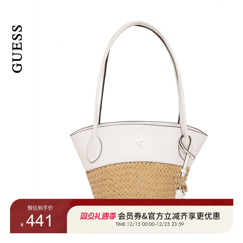 GUESS女士编织拼接度假风休闲菜篮子水桶包-WG963422