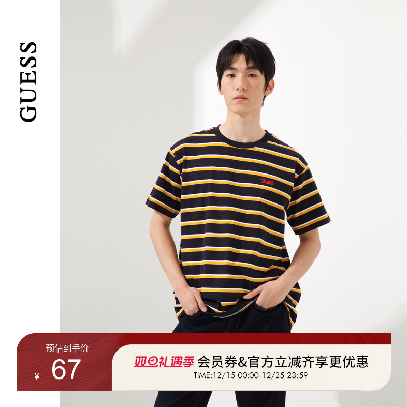 GUESS男士时尚赛博撞色横版条纹纯棉T恤-M4PI86K2Q40