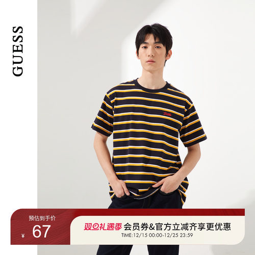 GUESS男士时尚赛博撞色横版条纹纯棉T恤-M4PI86K2Q40
