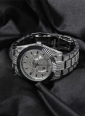 欧美嘻哈镶钻手表男士圆形大表盘石英表hiphop时尚日历满天星腕表