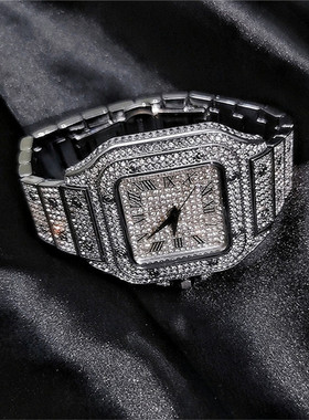 Hiphop满钻手表方形大表盘嘻哈镶钻石英表时尚个性超闪男士腕表潮