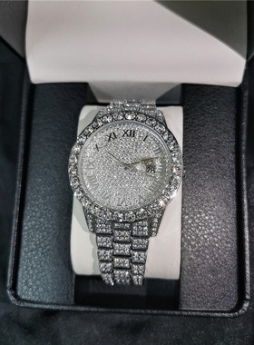 嘻哈满钻圆形大表盘手表男奢华满天星时尚日历欧美腕表潮流石英表