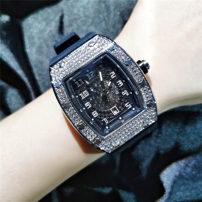 Hiphop镶钻硅胶手表男酒桶形镂空