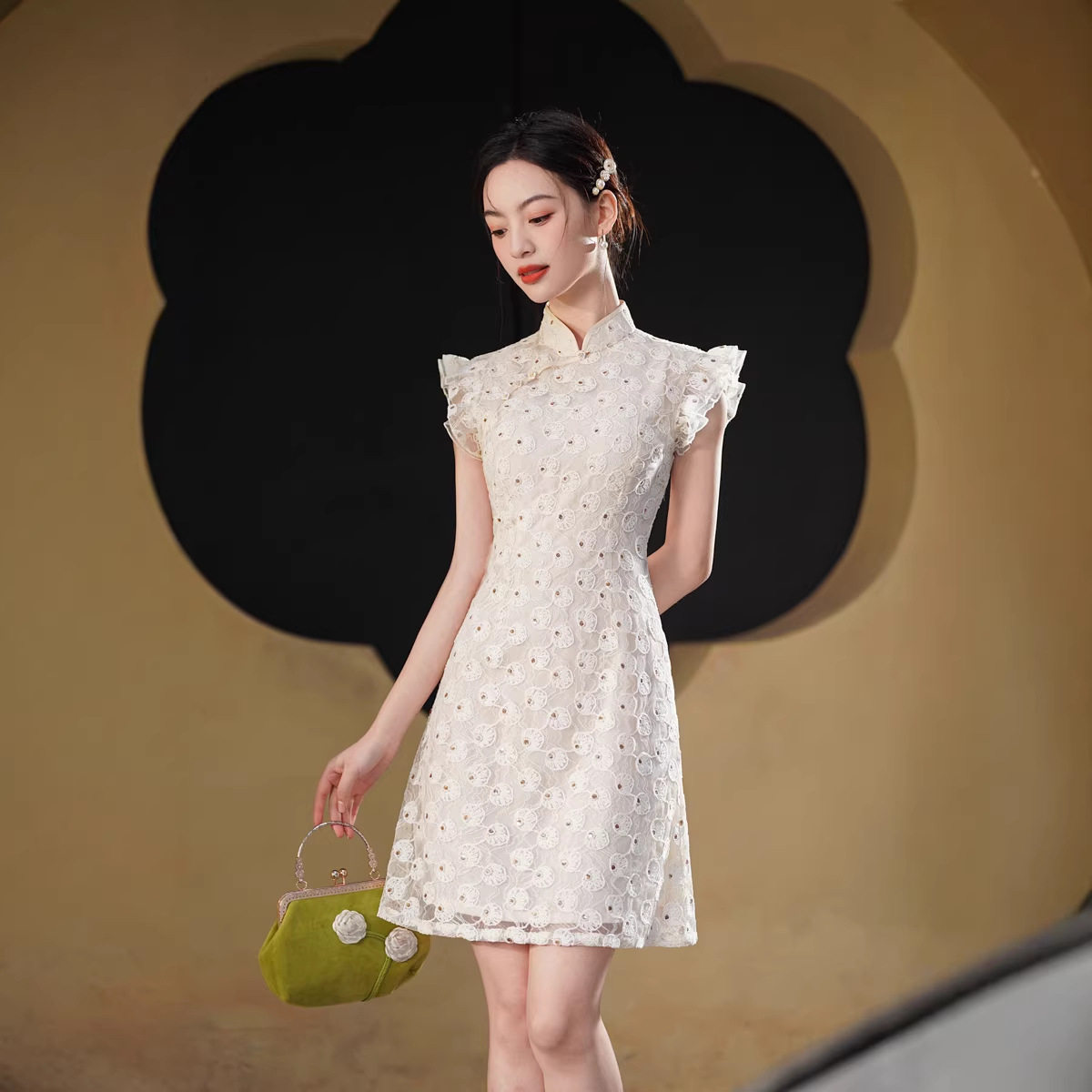 小个子旗袍2026年新款改良旗袍短款少女蕾丝修身飞袖国风连衣裙夏