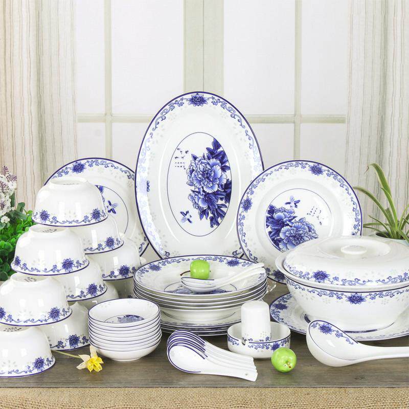景德镇陶瓷器青花56头骨瓷餐具套装釉中彩碗碟套装家用盘子吃饭碗