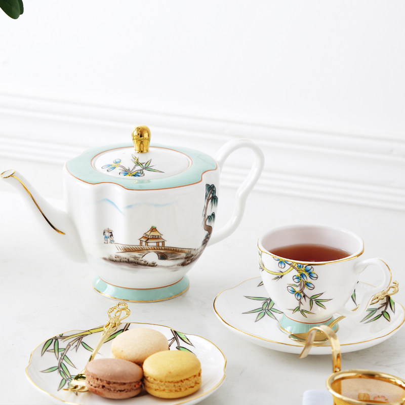 手绘描金咖啡杯碟西湖晚宴茶杯家用骨瓷莲蓬下午茶具咖啡杯碟茶壶在类目 餐饮具, 咖啡器具, 咖啡杯中 - 来自Buy2taobao.com提供专业的淘宝代购服务