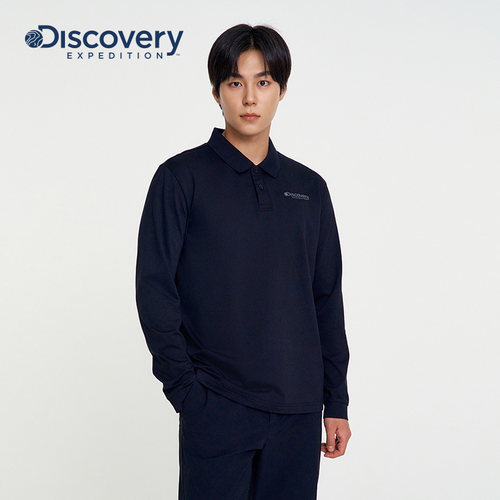 Discovery探索秋冬户外运动日常舒适基础款翻领长袖T恤男