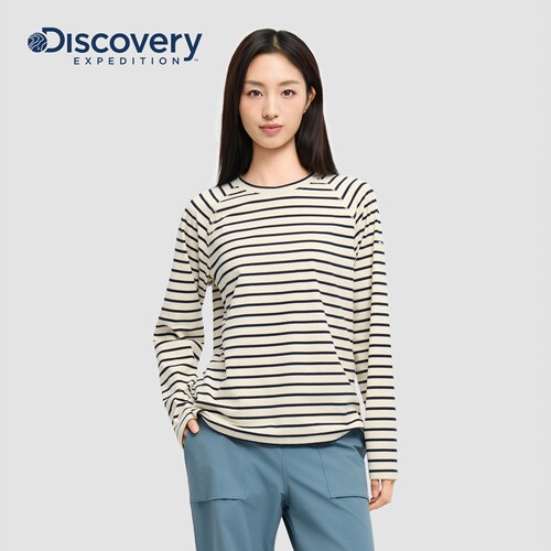Discovery探索户外抓绒条纹套头插肩圆领T恤女士26秋冬新品RLC8