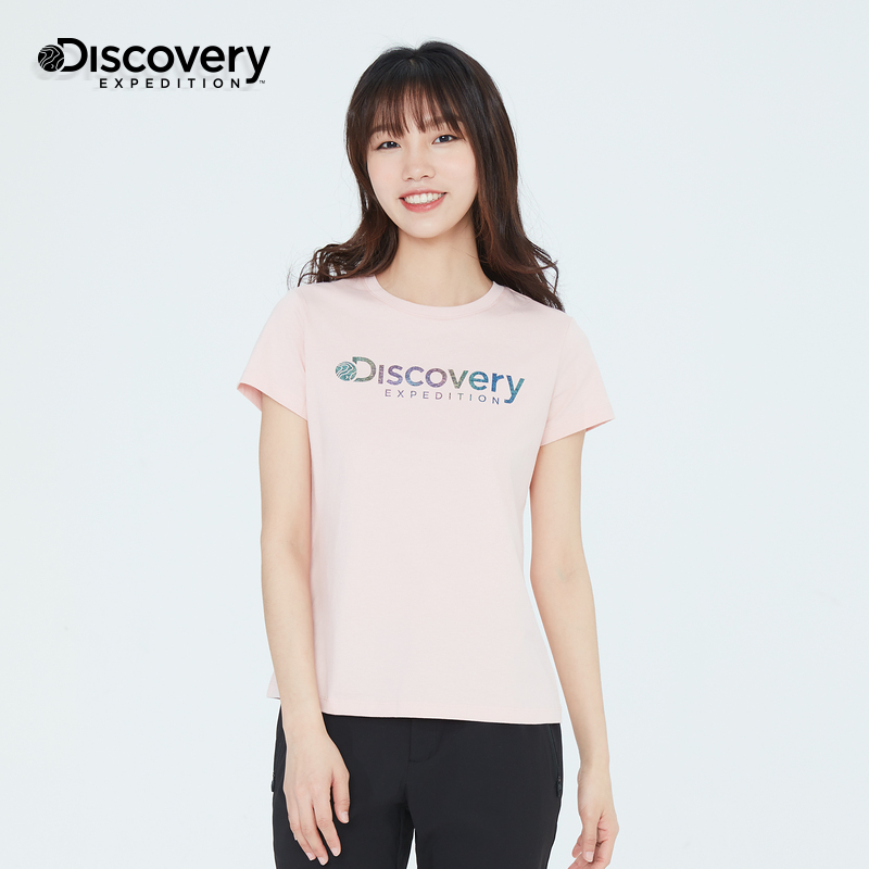 Discovery短袖体恤女夏季新款印花圆领棉t恤女跑步运动健身上衣