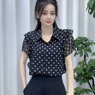 法式波点雪纺衬衫女 夏季新款飞飞袖翻领减龄显瘦百搭上衣女